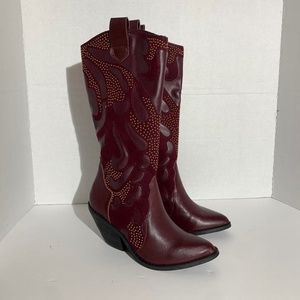Carlos Santana Womens Cowboy Boots Maroon Burgundy With Gold Studs - US 5